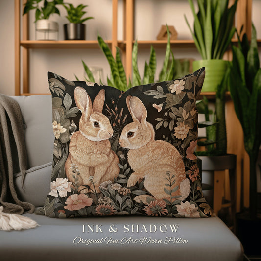 May include: A throw pillow with a black background featuring two brown rabbits in a garden setting with pink and yellow flowers. The pillow has the text &#39;INK & SHADOW Original Fine Art Woven Pillow&#39; at the bottom.