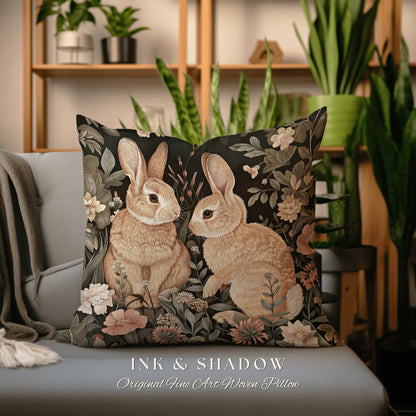 May include: A throw pillow with a black background featuring two brown rabbits in a garden setting with pink and yellow flowers. The pillow has the text 'INK & SHADOW Original Fine Art Woven Pillow' at the bottom.