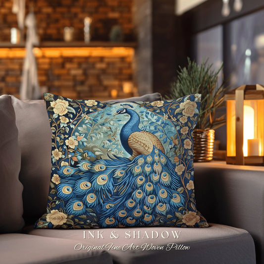 May include: A blue and gold woven pillow with a peacock design. The peacock is standing with its tail feathers spread out. The pillow has a floral border and the words 'Ink & Shadow Original Fine Art Woven Pillow' printed on the bottom.