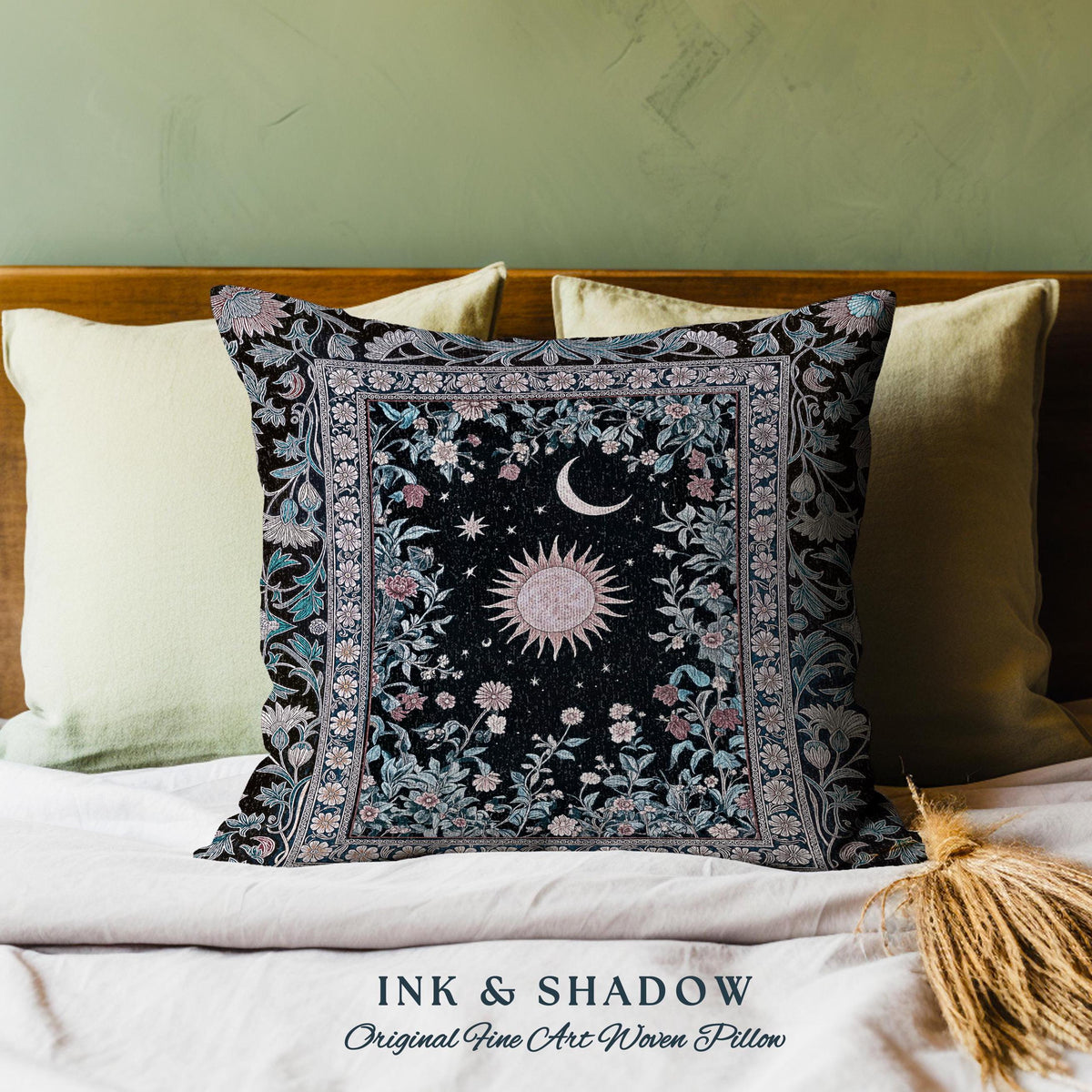 Midnight Lavender Celestial Pillow | Witchy Pastel Tarot-Inspired Bohemian Sun & Moon Maximalist Astrology Whimsical Purple Tapestry Cushion