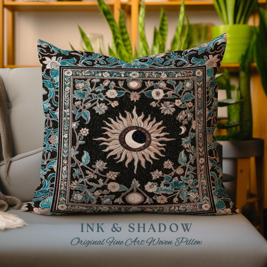 Mystic Moon Dark Academia Pillow | Celestial Tarot Inspired Gothic Maximalist Bedroom Woven Tapestry Cushion Whimsical Astrology Ethereal |