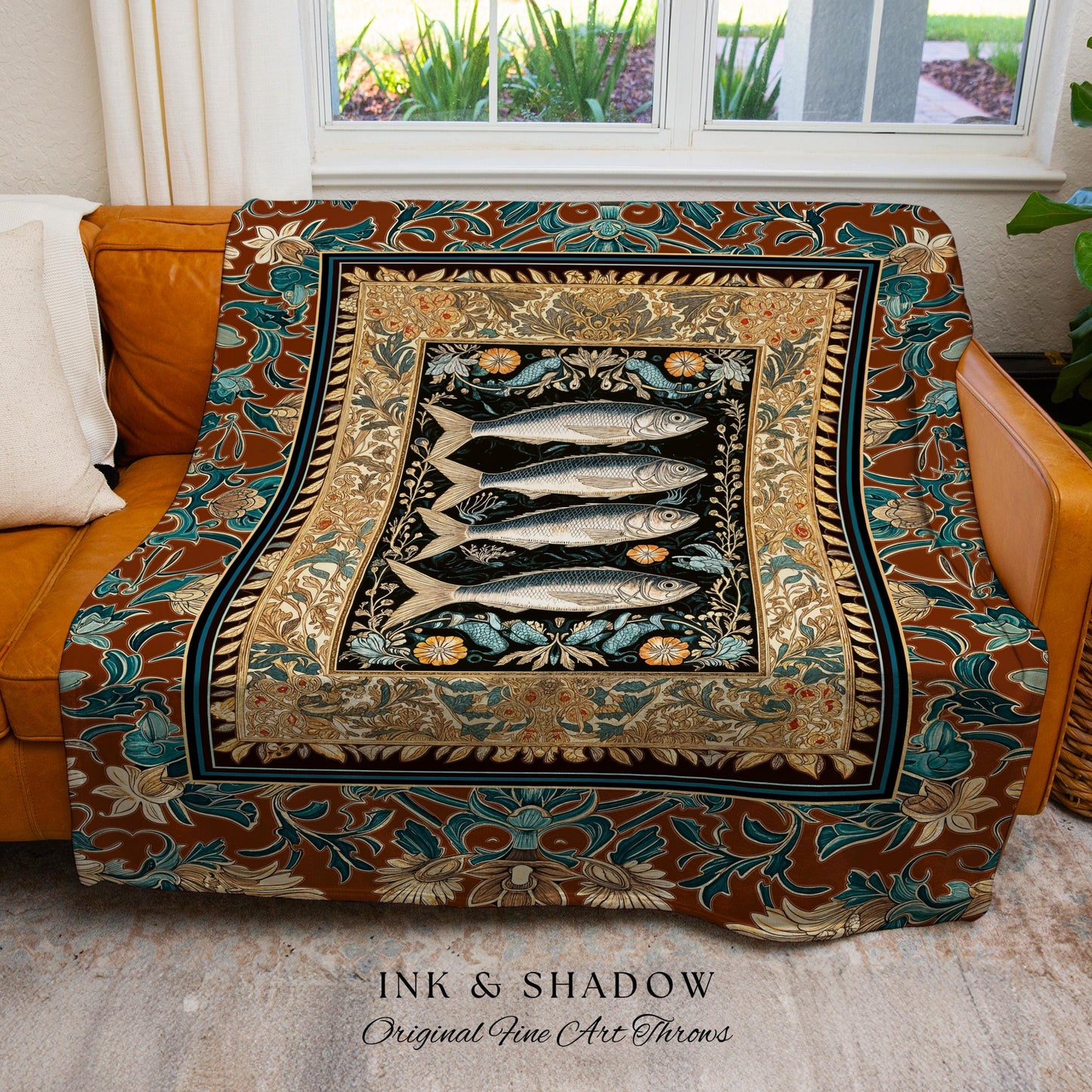 Rustic Coastal Sardine Fish Tapestry Blanket Vintage Maritime Art Decor, Mystical Oceanic Boho Beach House Accent Nautical Cottagecore Throw
