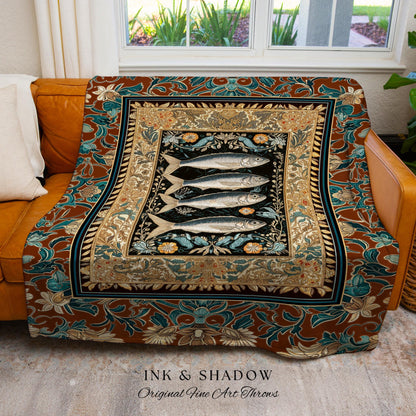 Rustic Coastal Sardine Fish Tapestry Blanket Vintage Maritime Art Decor, Mystical Oceanic Boho Beach House Accent Nautical Cottagecore Throw