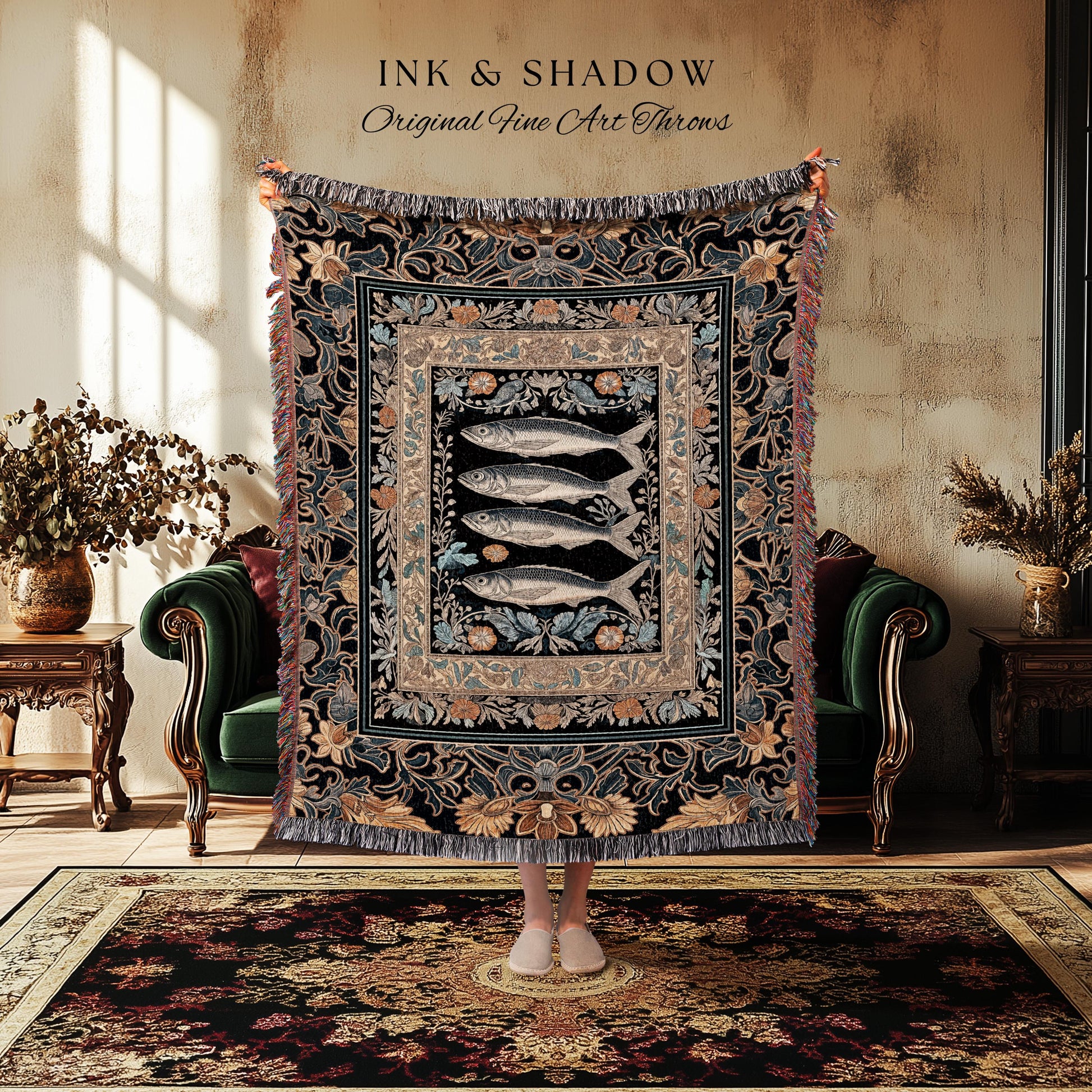 Art Nouveau Nautical Sea Life Tapestry Whimsical Ocean Sardine Fish Blanket, Coastal Dark Academia Rustic Cottagecore Throw Beach Home Decor