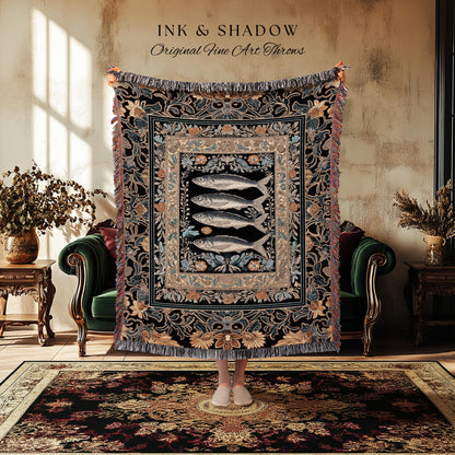 Art Nouveau Nautical Sea Life Tapestry Whimsical Ocean Sardine Fish Blanket, Coastal Dark Academia Rustic Cottagecore Throw Beach Home Decor