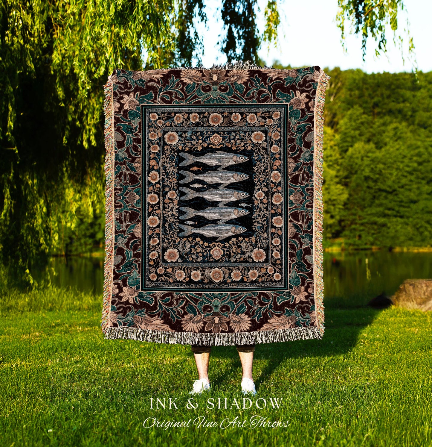 Ethereal Medieval Maritime Fish Tapestry Throw Antique Sardine Art Coastal Cottagecore | Nautical Botanical Ocean Decor Vintage Sea Blanket