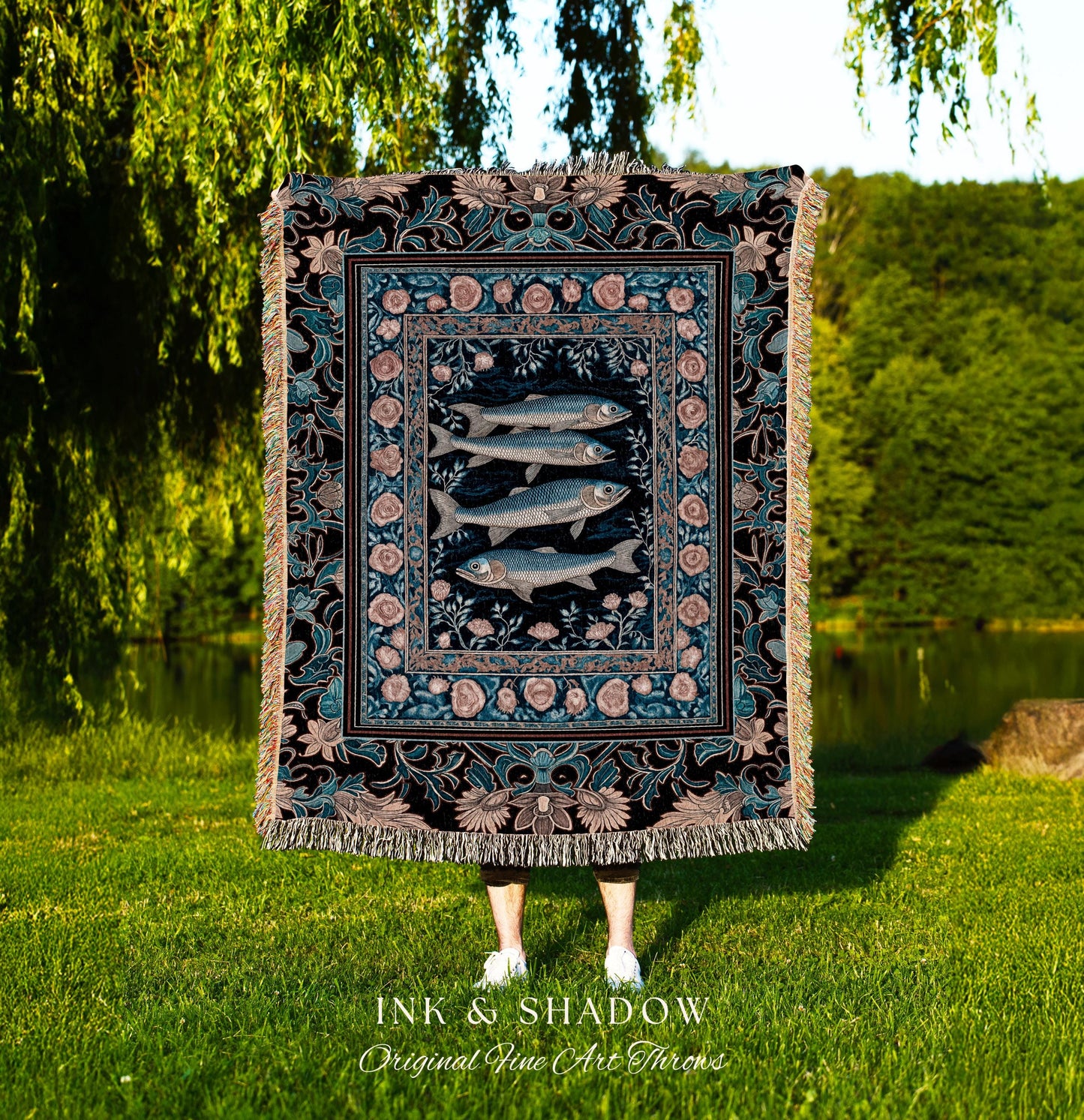 Marine Life Nautical Tapestry Throw Mystic Gothic Fish Art Beach Cottage Decor | Coastal Ocean Rustic Academia Dark Sea Life Woven Blanket