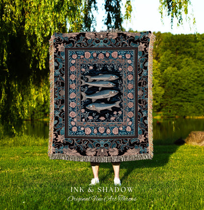 Marine Life Nautical Tapestry Throw Mystic Gothic Fish Art Beach Cottage Decor | Coastal Ocean Rustic Academia Dark Sea Life Woven Blanket