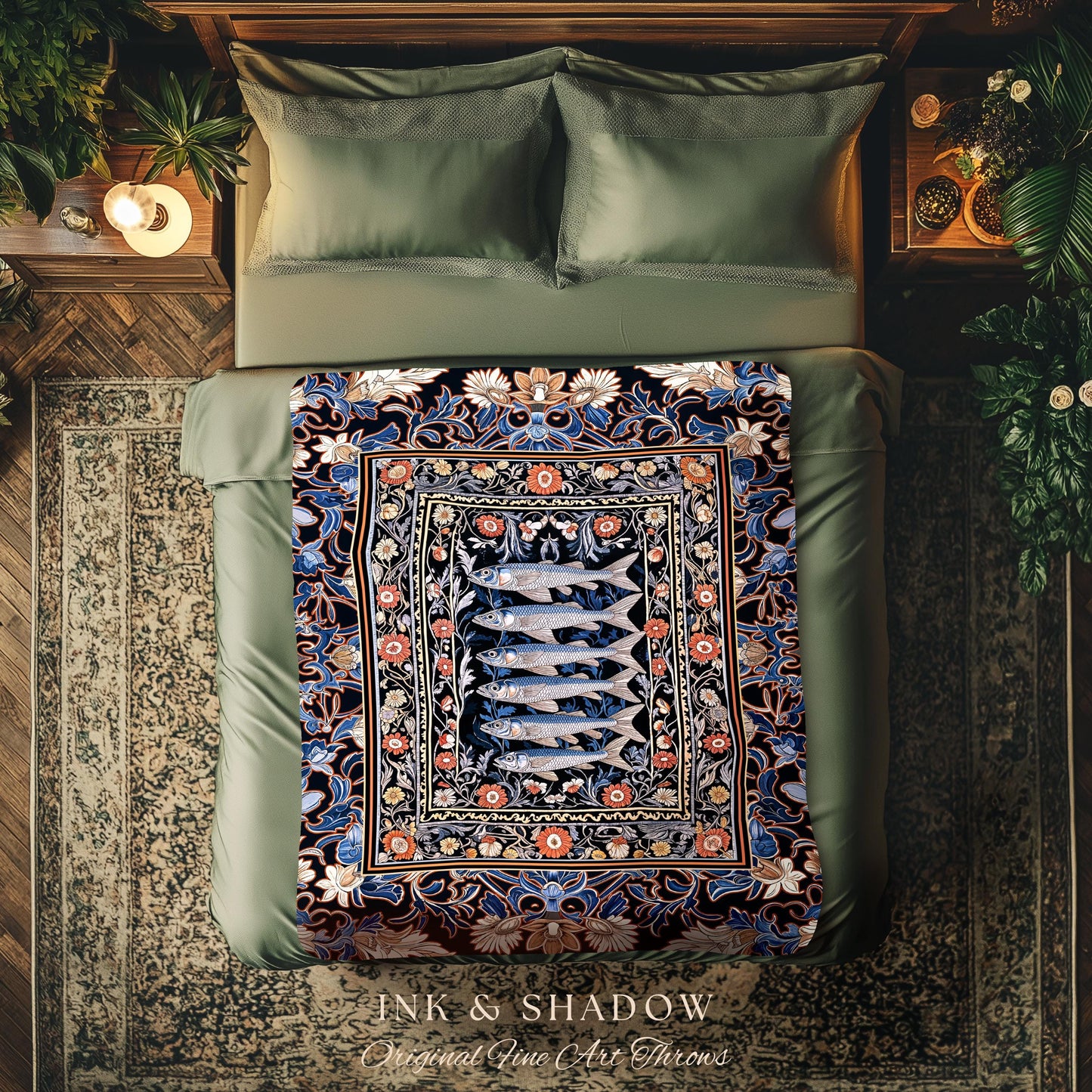 Enchanted Ocean Sardine Fish Blanket Nautical Whimsigothic Coastal Beach Decor | Nordic Marine Underwater Floral Folk Art Sea Life Tapestry