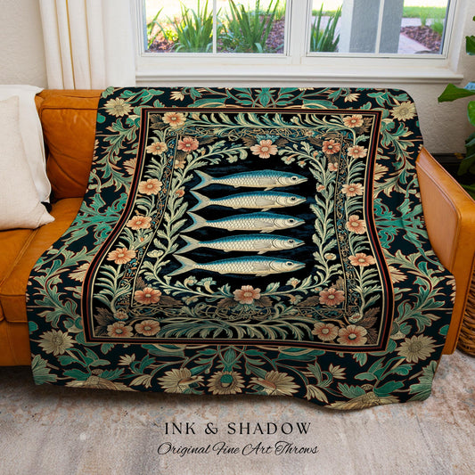 Mystical Floral Underwater Fish Tapestry Antique Sardine Art Ocean Decor, Coastal Beach Home Blanket Rustic Marine Cottagecore Tapestry Art