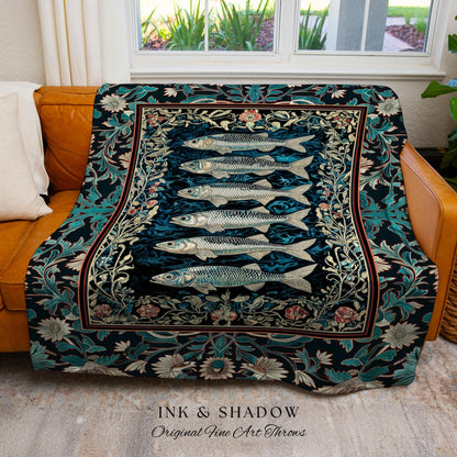 Bohemian Whimsy Sardine Blanket Coastal Ocean Academia Decor, Fairy Grunge Cottagecore Sealife Marine Rustic Fish Beach House Tapestry Throw