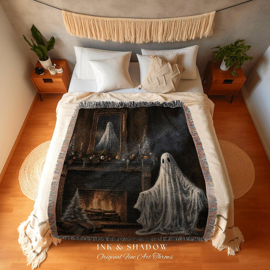 Cozy Fireplace Ghost Blanket Goth Christmas Blanket Woven Tapestry | Throw Blanket Winter Holiday Home Decor Christmas Spooky Cute Ghost Art