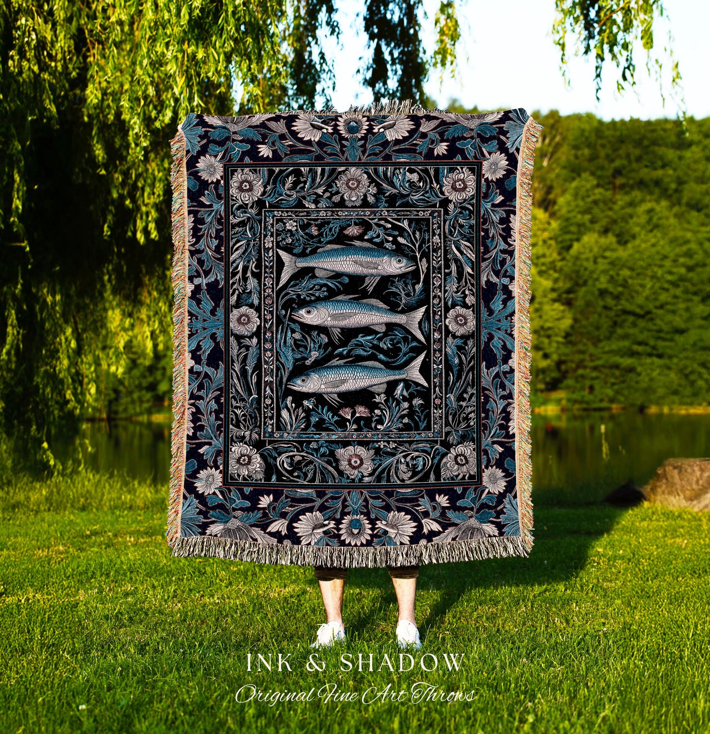 Scandi Nautical Sardine Art Picnic Blanket Dark Academia Marine Ocean Fish Decor, Coastal Nordic Beach Home Rustic Sea Art Cottagecore Throw