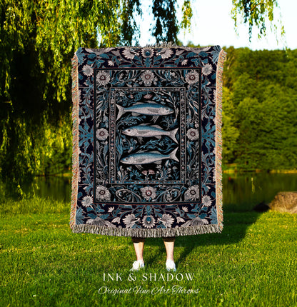 Scandi Nautical Sardine Art Picnic Blanket Dark Academia Marine Ocean Fish Decor, Coastal Nordic Beach Home Rustic Sea Art Cottagecore Throw