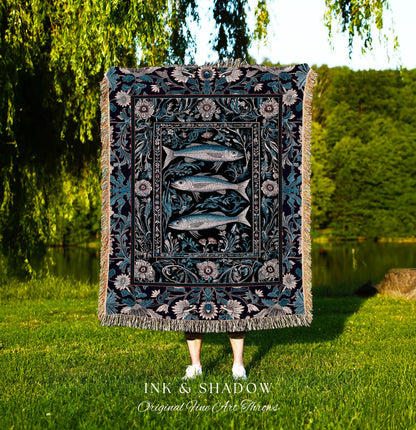 Scandi Nautical Sardine Art Picnic Blanket Dark Academia Marine Ocean Fish Decor, Coastal Nordic Beach Home Rustic Sea Art Cottagecore Throw