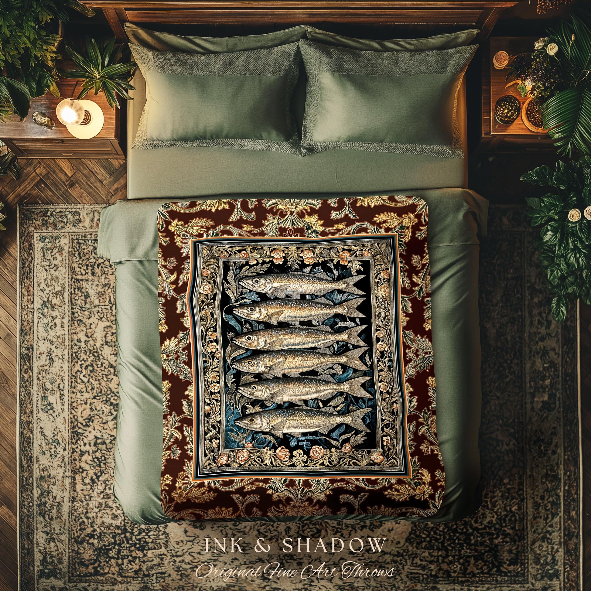 Elegant Nautical Ornate Sardine Tapestry | Nautical Throw Marine Life Decor Coastal Wall Art Ocean Inspired Design Woven Cottagecore Blanket