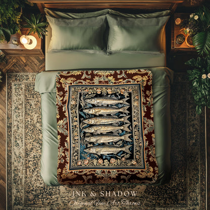 Elegant Nautical Ornate Sardine Tapestry | Nautical Throw Marine Life Decor Coastal Wall Art Ocean Inspired Design Woven Cottagecore Blanket