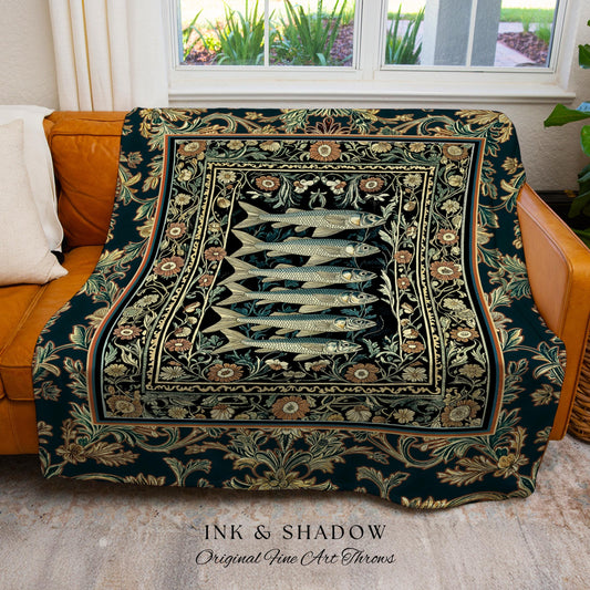 Oceancore Cozy Throw Blanket Sardine | Indie Nautical Tapestry Throw Marine Life Art Vintage Coastal Decor Under the Sea Scene Cottagecore