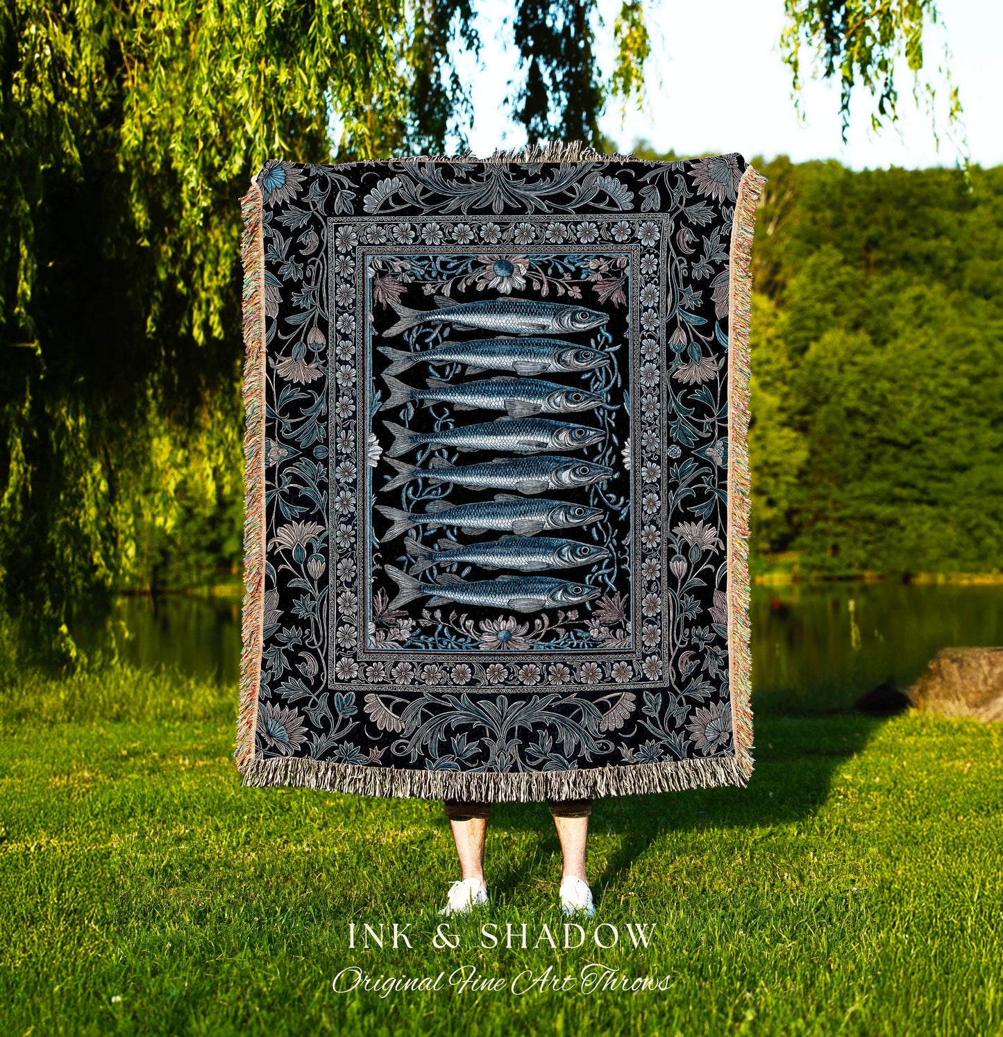 Decorative Sardine Ocean-Inspired Picnic Blanket | Baroque Coastal Art Jacquard Woven Tapestry Moody Nautical Theme Whimsical Style Bedroom