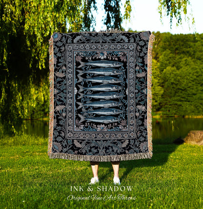Decorative Sardine Ocean-Inspired Picnic Blanket | Baroque Coastal Art Jacquard Woven Tapestry Moody Nautical Theme Whimsical Style Bedroom