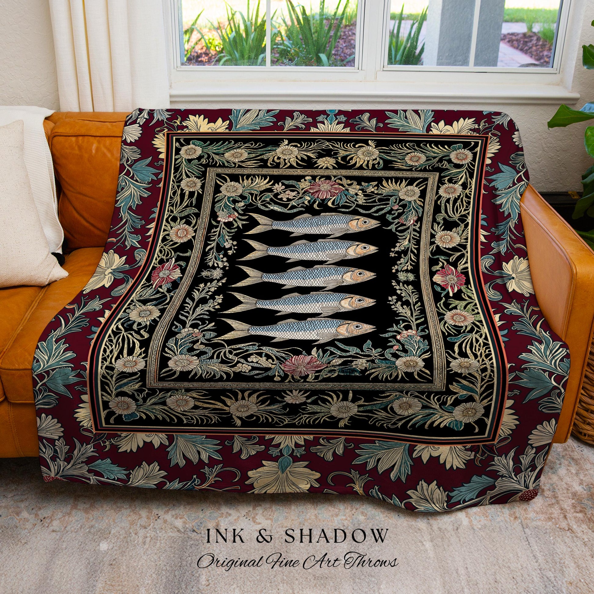 Eclectic Sardine Art Tapestry Blanket | Jacquard Woven Throw Whimsical Coastal Design Maximalist Marine Art Ocean-Inspired Beach House Decor