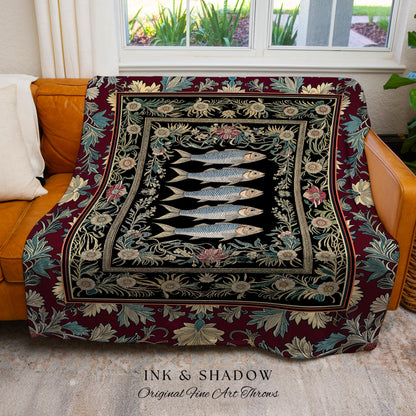 Eclectic Sardine Art Tapestry Blanket | Jacquard Woven Throw Whimsical Coastal Design Maximalist Marine Art Ocean-Inspired Beach House Decor
