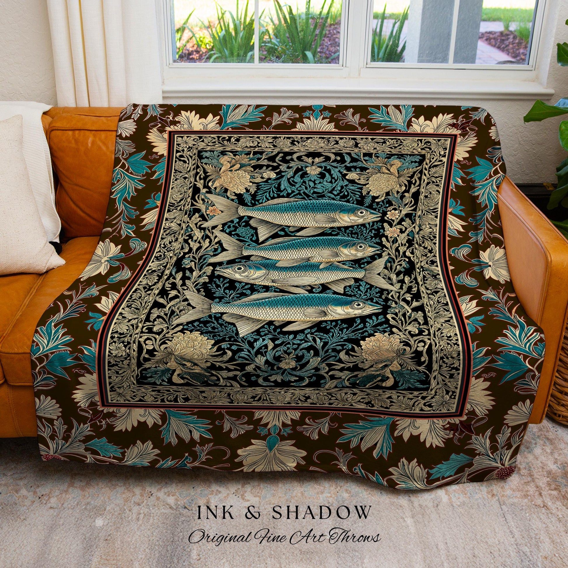 Maximalist Maritime Woven Throw Blanket | Nautical Folk Art-Inspired Tapestry Jacquard Marine Scene Coastal Botanical Wall Accent Oceancore
