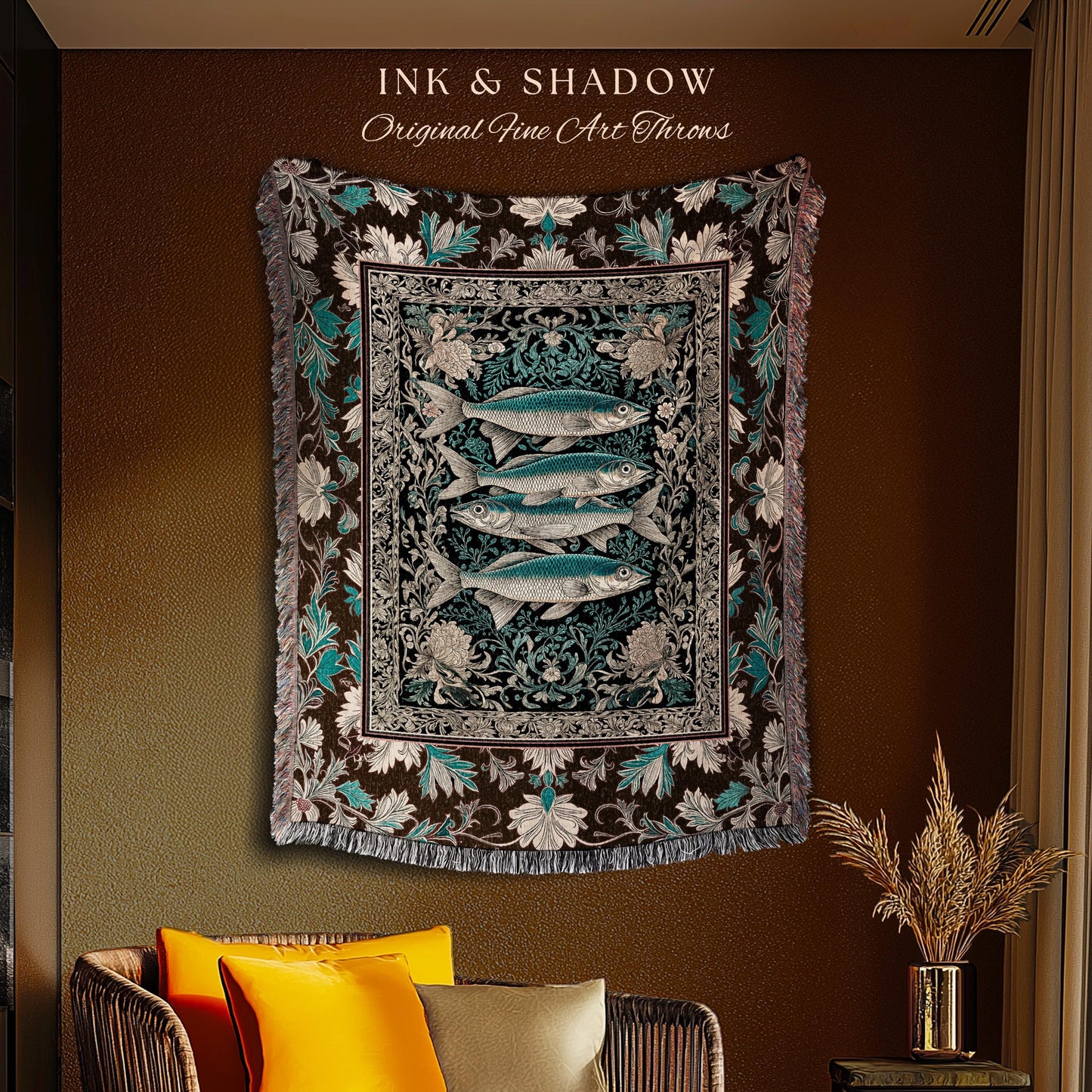 Maximalist Maritime Woven Throw Blanket | Nautical Folk Art-Inspired Tapestry Jacquard Marine Scene Coastal Botanical Wall Accent Oceancore