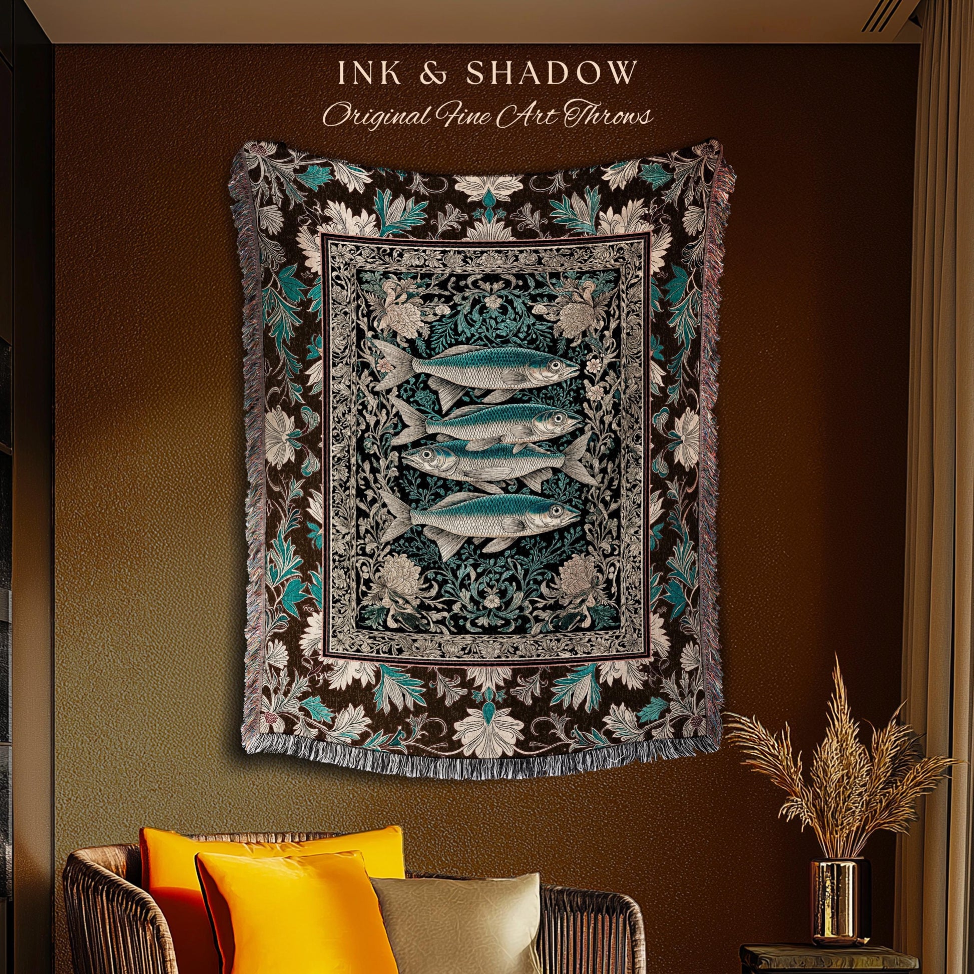 Maximalist Maritime Woven Throw Blanket | Nautical Folk Art-Inspired Tapestry Jacquard Marine Scene Coastal Botanical Wall Accent Oceancore
