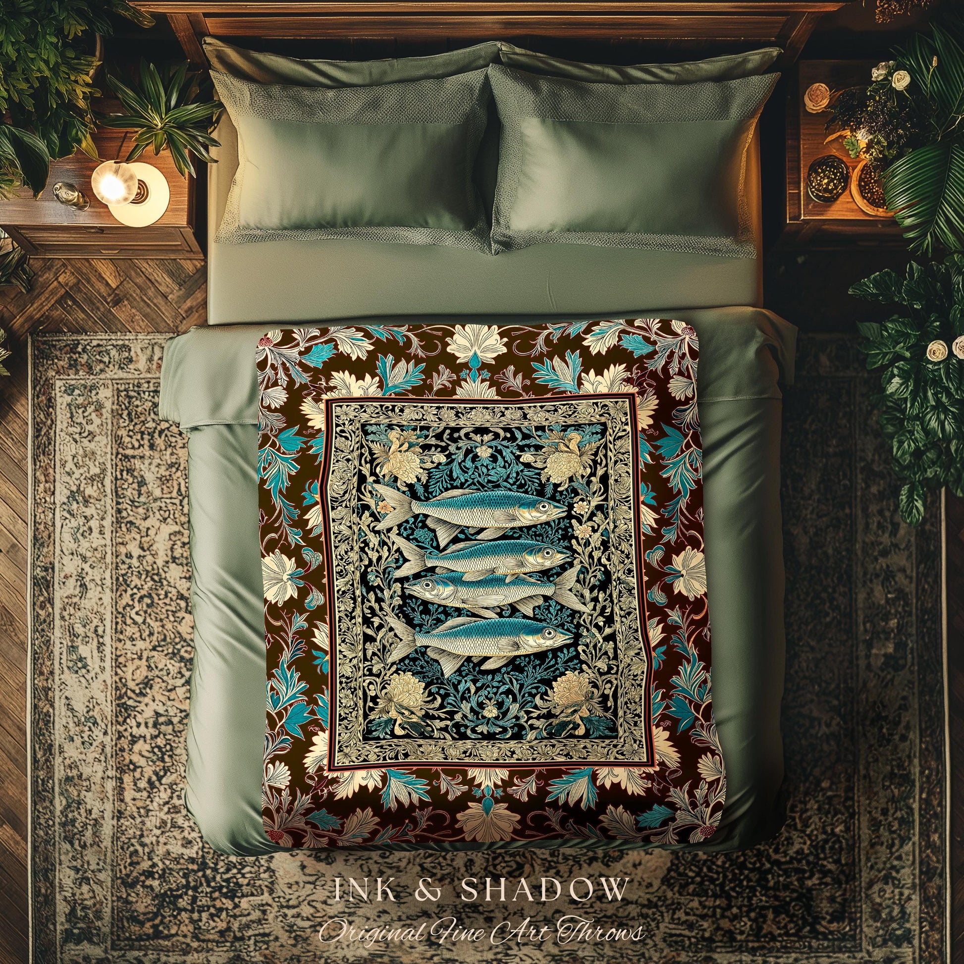 Maximalist Maritime Woven Throw Blanket | Nautical Folk Art-Inspired Tapestry Jacquard Marine Scene Coastal Botanical Wall Accent Oceancore