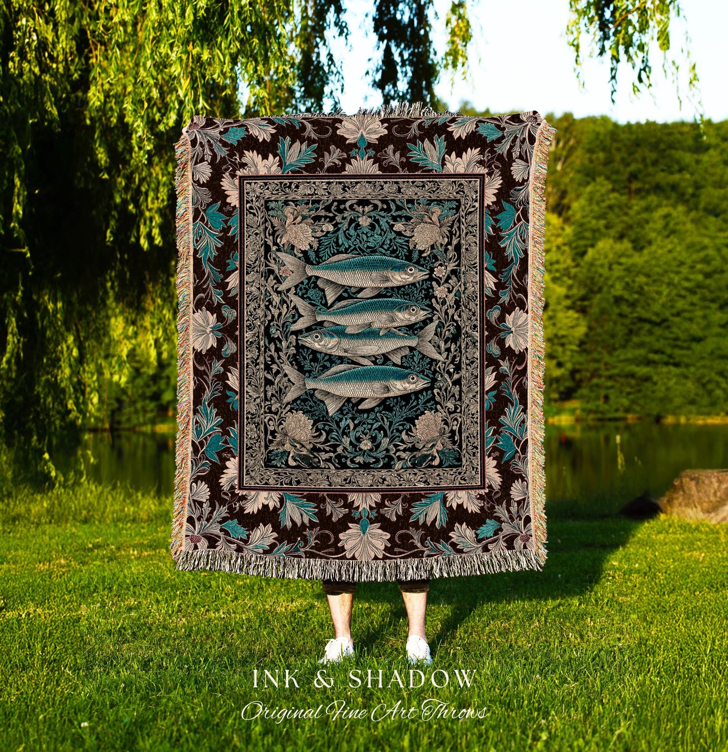 Maximalist Maritime Woven Throw Blanket | Nautical Folk Art-Inspired Tapestry Jacquard Marine Scene Coastal Botanical Wall Accent Oceancore