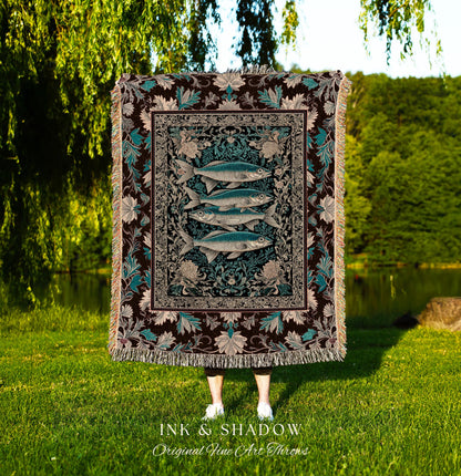 Maximalist Maritime Woven Throw Blanket | Nautical Folk Art-Inspired Tapestry Jacquard Marine Scene Coastal Botanical Wall Accent Oceancore