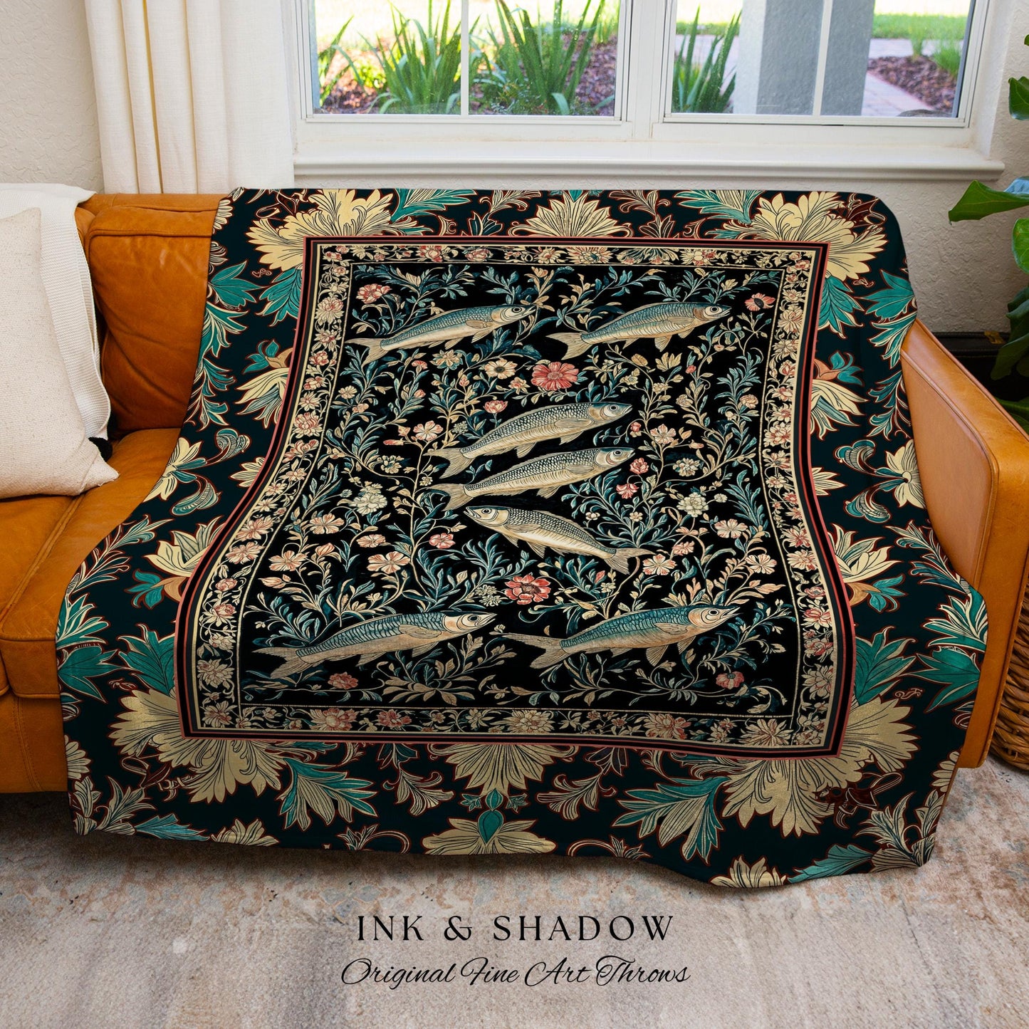 Ocean Gothic Baroque Tapestry Blanket | Vintage Coastal Bohemian Sardine Marine Magic Whimsical Sea Folk Art Nautical Accent Beach House