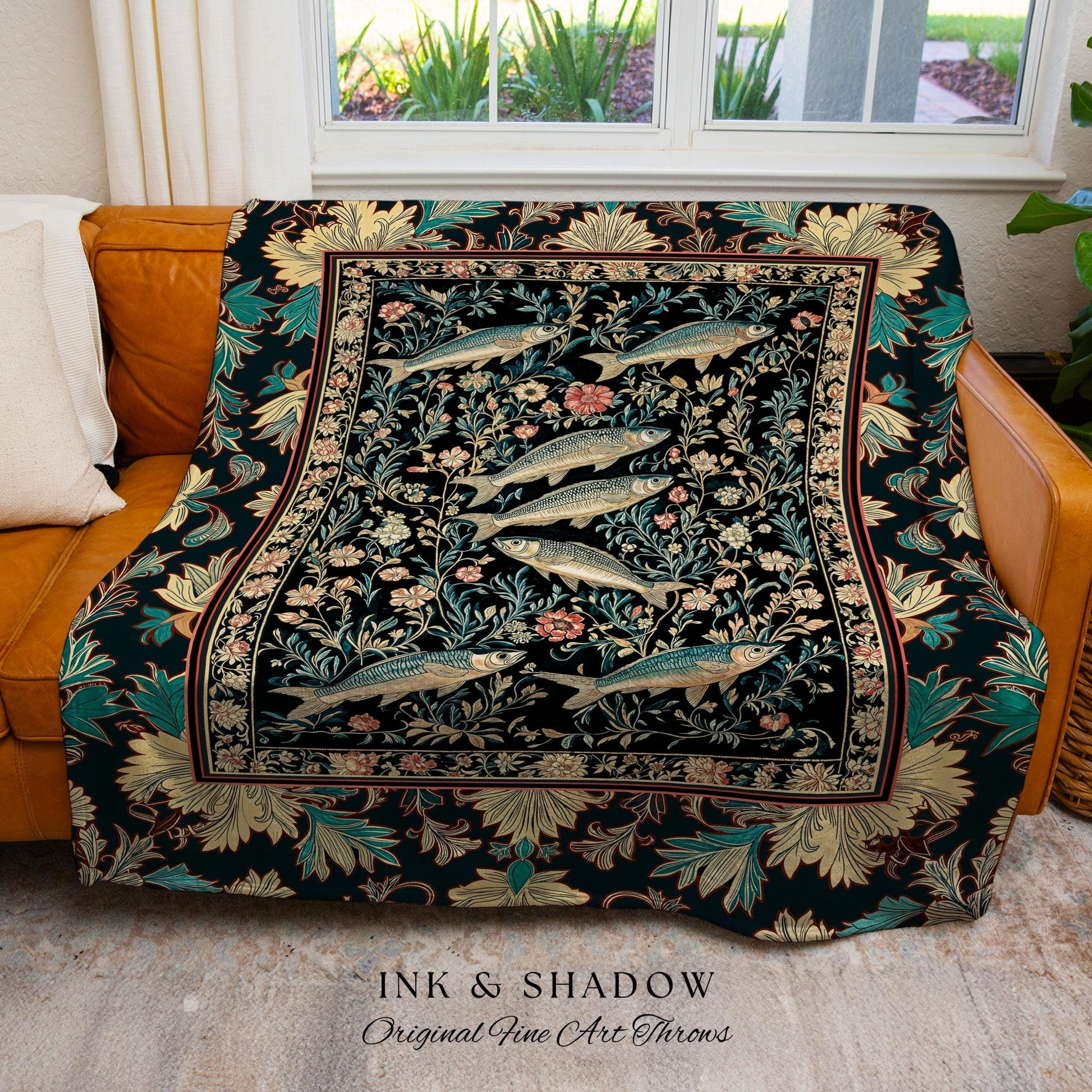 Ocean Gothic Baroque Tapestry Blanket | Vintage Coastal Bohemian Sardine Marine Magic Whimsical Sea Folk Art Nautical Accent Beach House