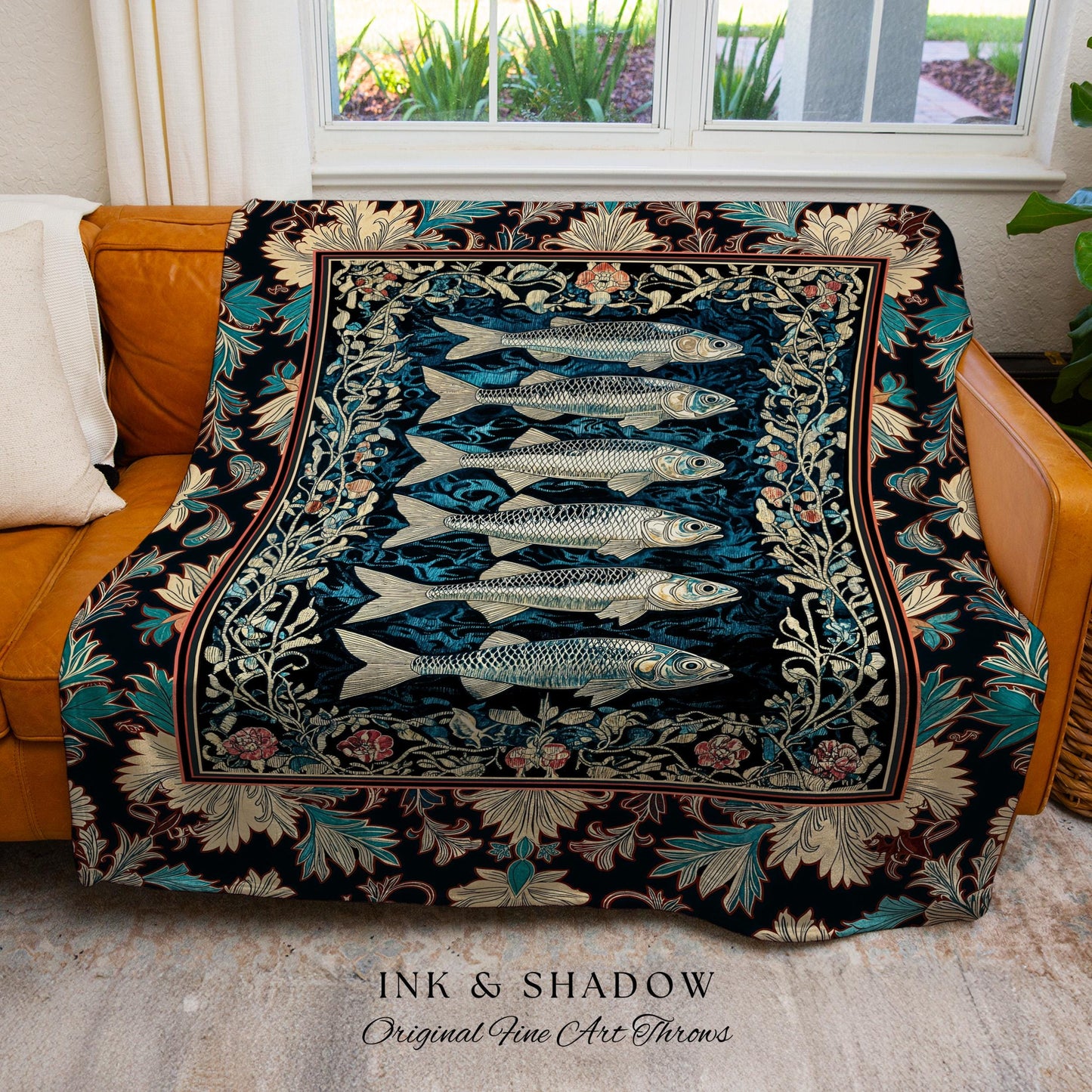 Nautical Folk Art Sardine Throw Blanket | Nautical Folk Art-Inspired Tapestry Jacquard Woven Marine Scene Coastal Botanical Wall Accent Boho