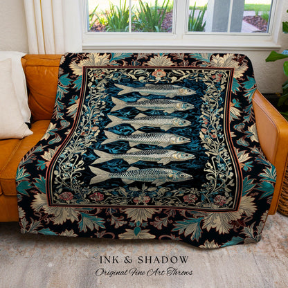 Nautical Folk Art Sardine Throw Blanket | Nautical Folk Art-Inspired Tapestry Jacquard Woven Marine Scene Coastal Botanical Wall Accent Boho