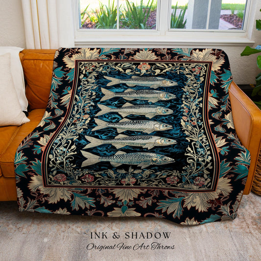 Nautical Folk Art Sardine Throw Blanket | Nautical Folk Art-Inspired Tapestry Jacquard Woven Marine Scene Coastal Botanical Wall Accent Boho