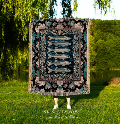 Nautical Folk Art Sardine Throw Blanket | Nautical Folk Art-Inspired Tapestry Jacquard Woven Marine Scene Coastal Botanical Wall Accent Boho