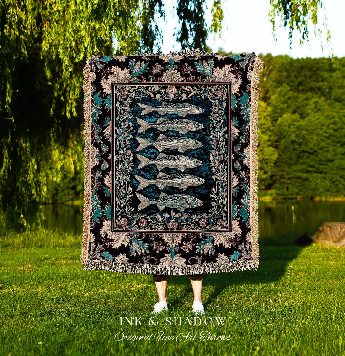 Nautical Folk Art Sardine Throw Blanket | Nautical Folk Art-Inspired Tapestry Jacquard Woven Marine Scene Coastal Botanical Wall Accent Boho