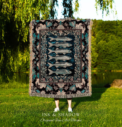 Nautical Folk Art Sardine Throw Blanket | Nautical Folk Art-Inspired Tapestry Jacquard Woven Marine Scene Coastal Botanical Wall Accent Boho