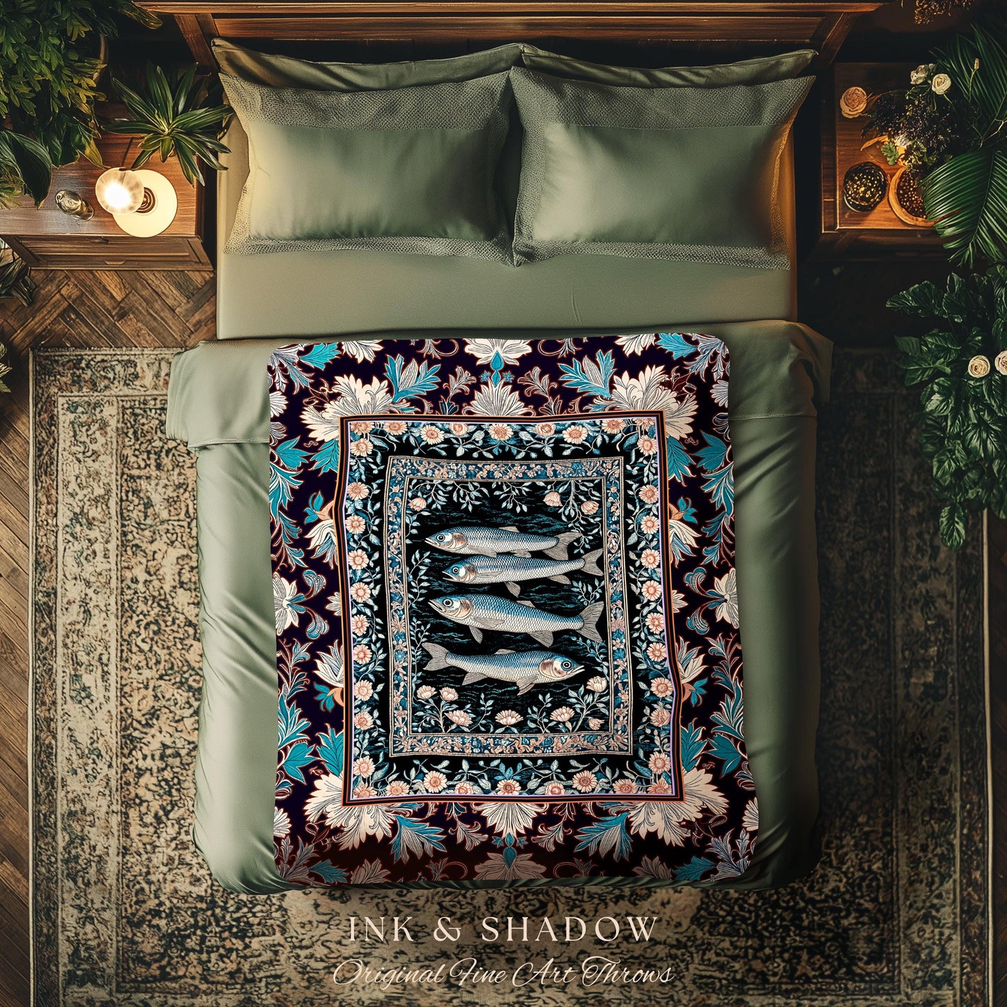 Marine Folklore Ornate Tapestry Blanket | Sardine Nautical Woven Wall Art Underwater Story Coastal Aesthetic Fish Trendy Ocean Decor Beachy