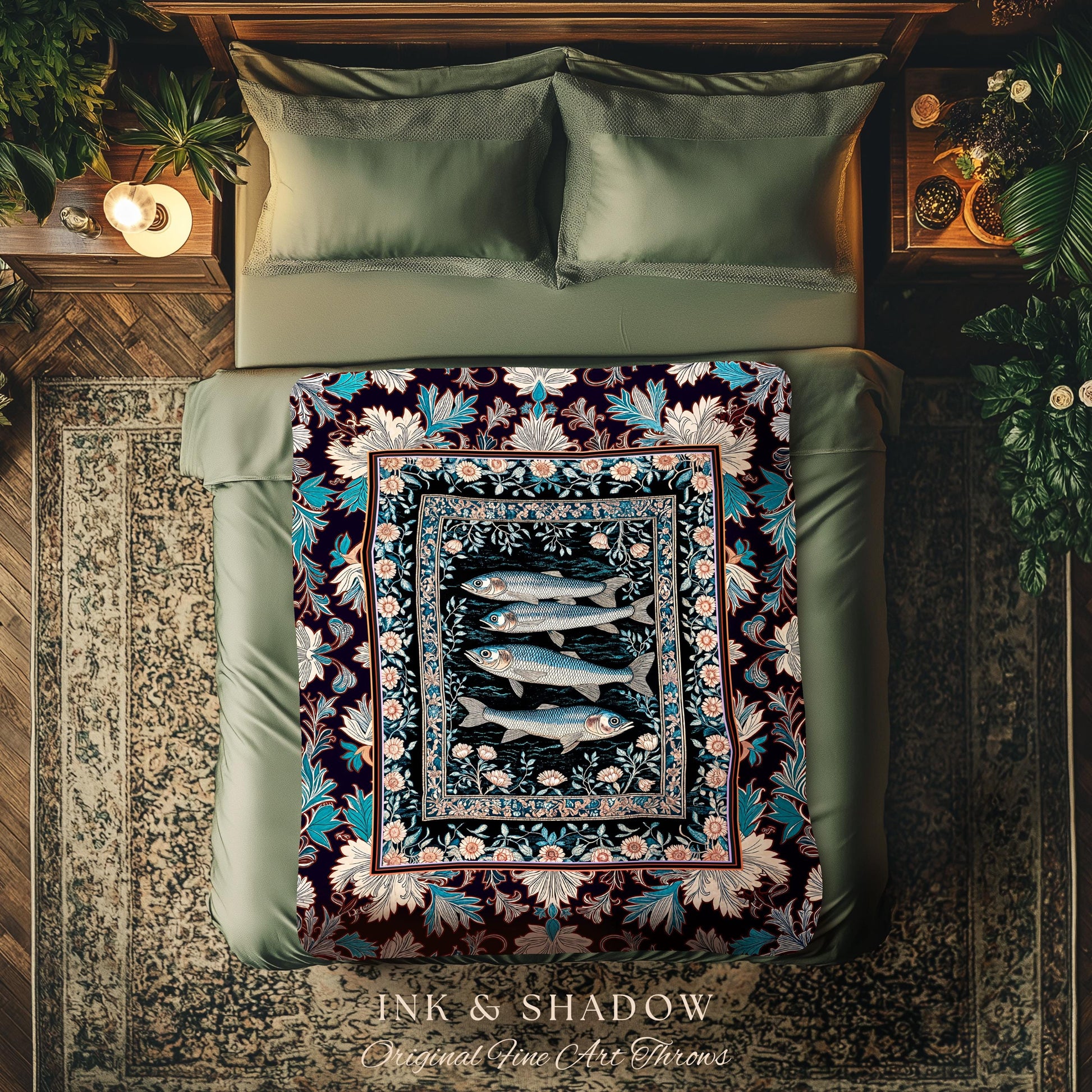 Marine Folklore Ornate Tapestry Blanket | Sardine Nautical Woven Wall Art Underwater Story Coastal Aesthetic Fish Trendy Ocean Decor Beachy
