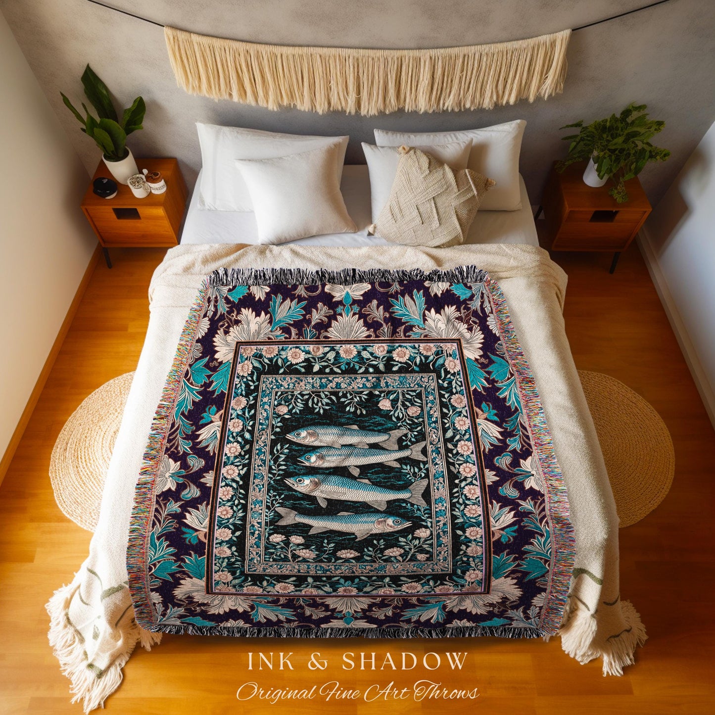 Marine Folklore Ornate Tapestry Blanket | Sardine Nautical Woven Wall Art Underwater Story Coastal Aesthetic Fish Trendy Ocean Decor Beachy