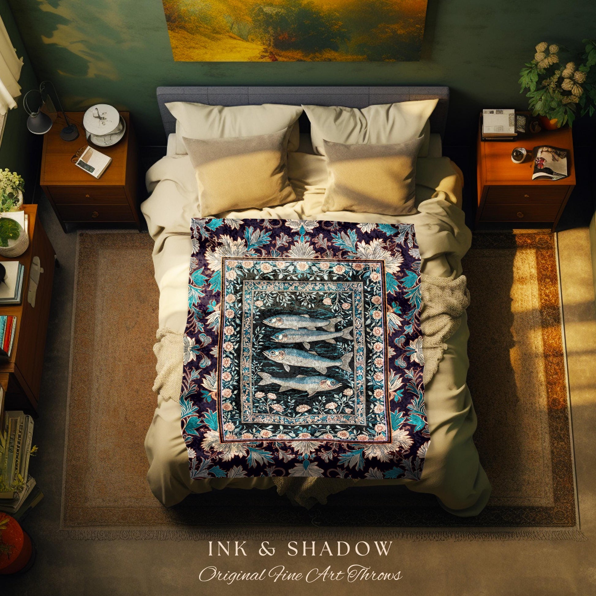 Marine Folklore Ornate Tapestry Blanket | Sardine Nautical Woven Wall Art Underwater Story Coastal Aesthetic Fish Trendy Ocean Decor Beachy