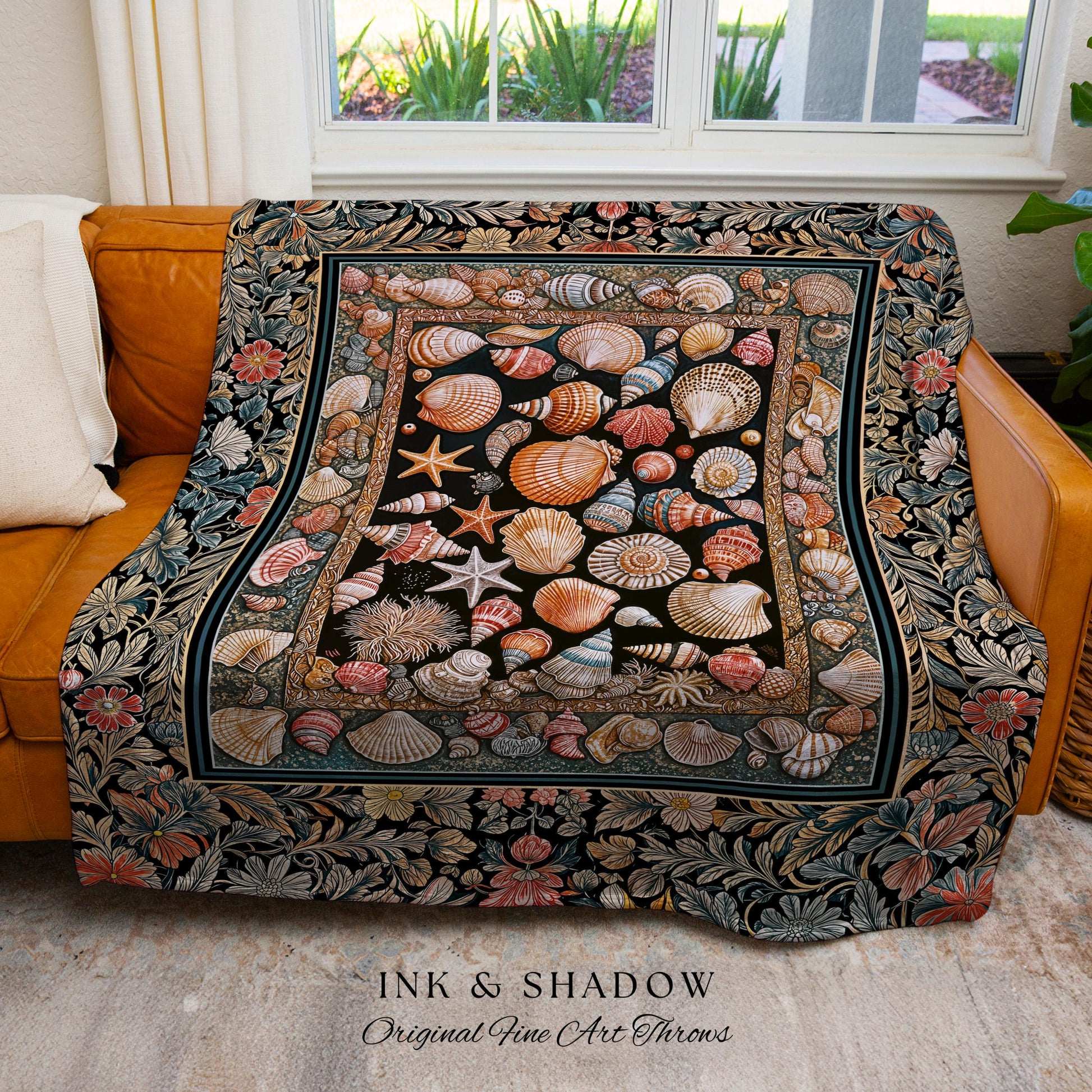 Whimsical Sea Shell Beachy Picnic Blanket | Rustic Beach House Aesthetic Marine-Inspired Art Nautical Design Boho Decor Ocean Lore Coastal |
