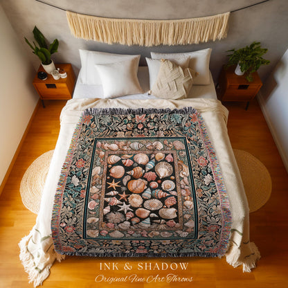 Whimsical Sea Shell Beachy Picnic Blanket | Rustic Beach House Aesthetic Marine-Inspired Art Nautical Design Boho Decor Ocean Lore Coastal |