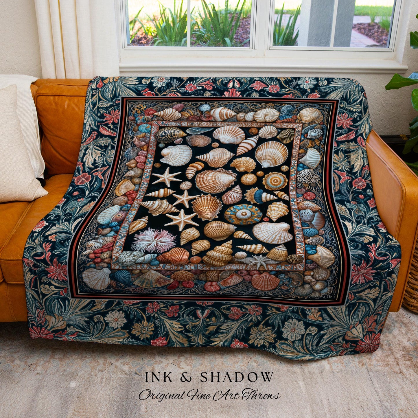 Coastal Curiosities Eclectic Woven Tapestry | Maximalist Ocean Art Seashell Mermaidcore Nautical Coquette Starfish Marine Aesthetic Throw |