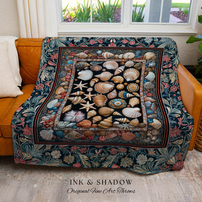 Coastal Curiosities Eclectic Woven Tapestry | Maximalist Ocean Art Seashell Mermaidcore Nautical Coquette Starfish Marine Aesthetic Throw |
