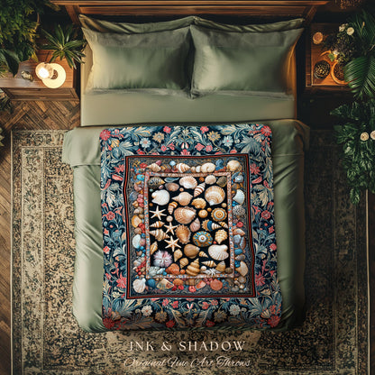 Coastal Curiosities Eclectic Woven Tapestry | Maximalist Ocean Art Seashell Mermaidcore Nautical Coquette Starfish Marine Aesthetic Throw |