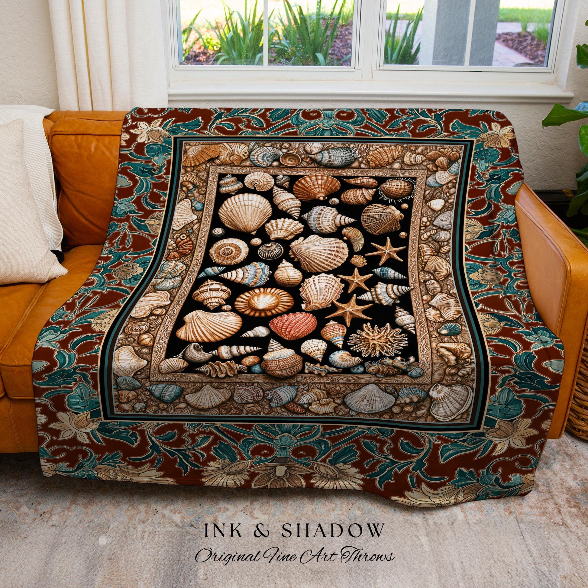 Maximalist Coastal Seashell Tapestry | Ocean Aesthetic Woven Throw Blanket Starfish Sea Life Decor Nautical Beach House Vintage Cottagecore